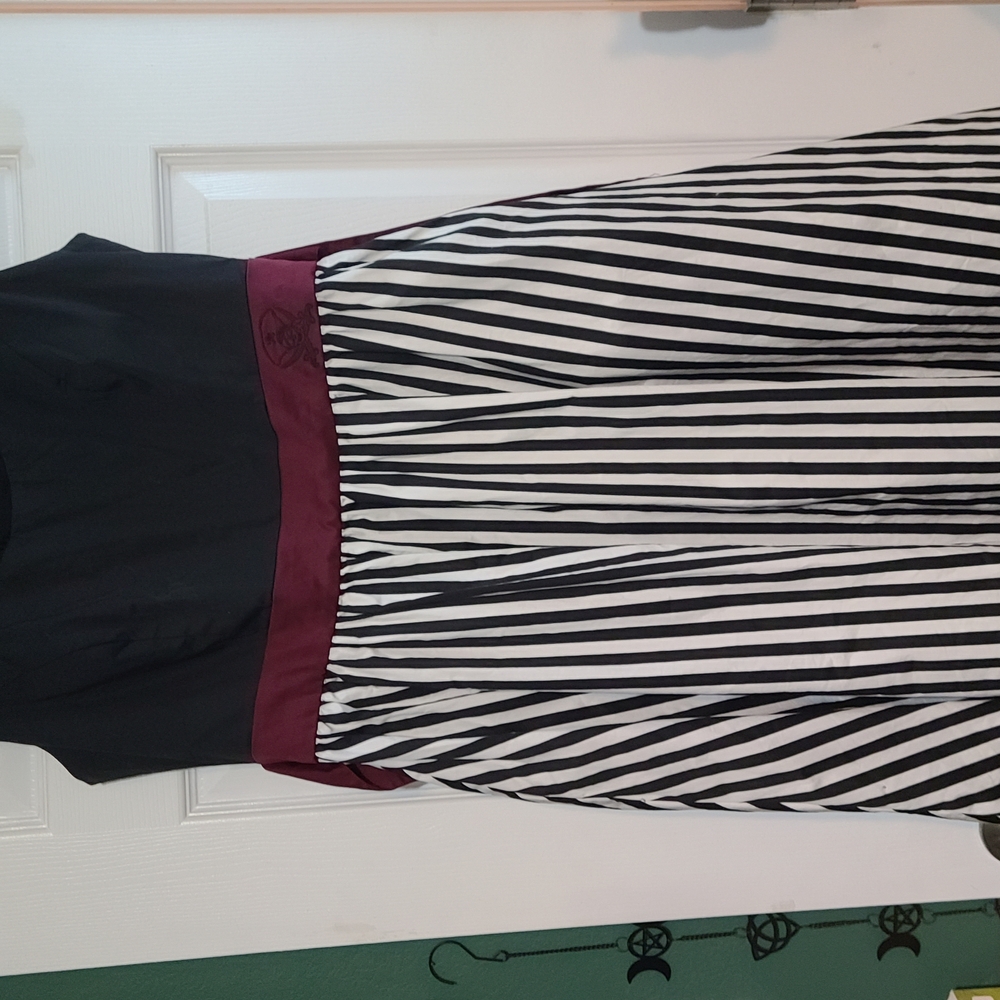 Black and White Striped Dress with Burgundy Accent